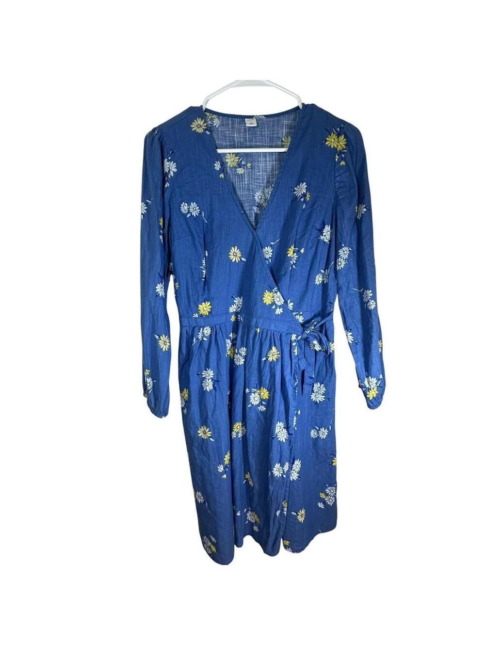 Old Navy Long Sleeve Wrap Dress Blue Daisy Floral Print